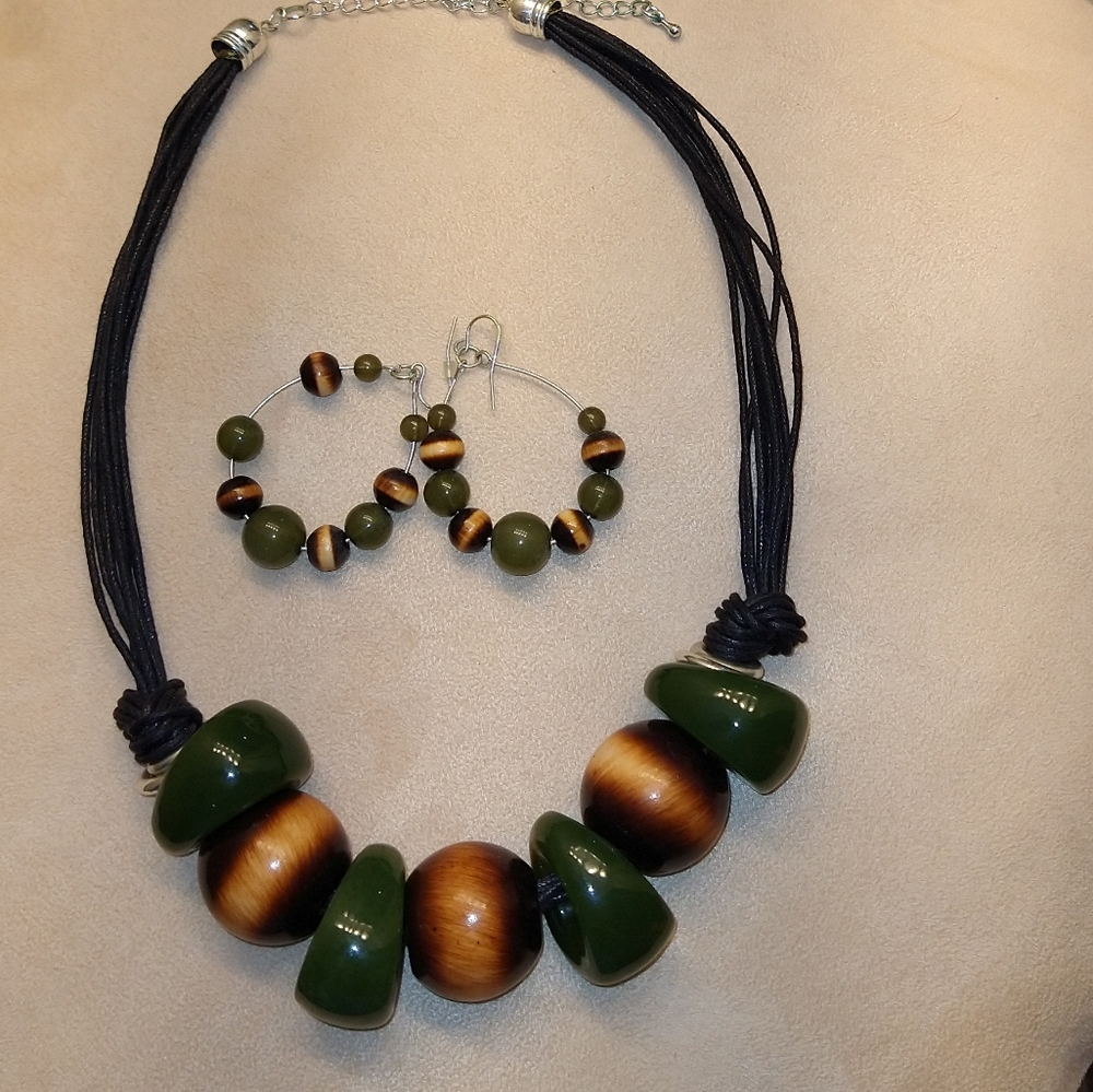 Green Brown Statement Necklace Set - image 2